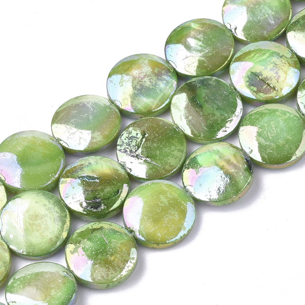 Freshwater Shell Beads Strands AB Color Plated Dyed Flat Round Lime Green 10~11.5x3~4mm Hole: 1mm Mixed Color