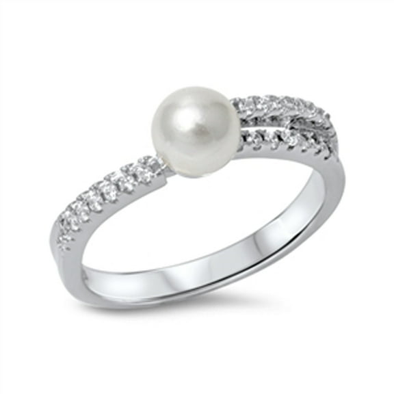 Freshwater Simulated Pearl Clear CZ Ring .925 Sterling Silver Band White Jewelry Female Size 10