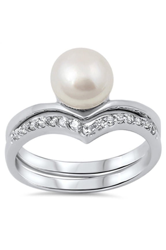 Freshwater Simulated Pearl Elegant Solitaire Ring .925 Sterling Silver Band White CZ Female Size 6