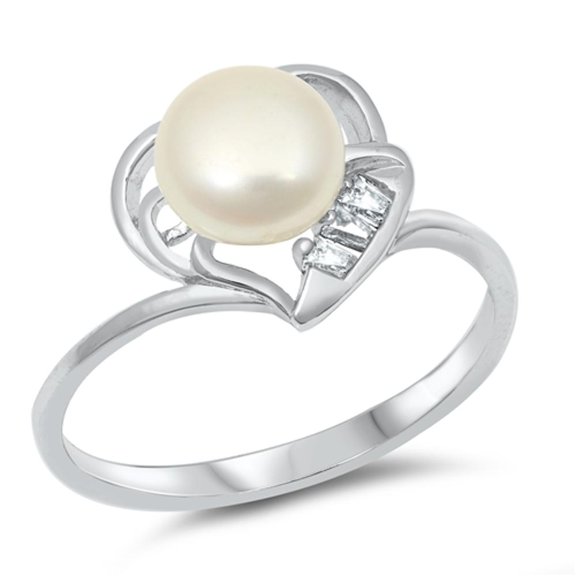 Freshwater Simulated Pearl Heart Statement Ring .925 Sterling Silver Band Jewelry Female Size 10