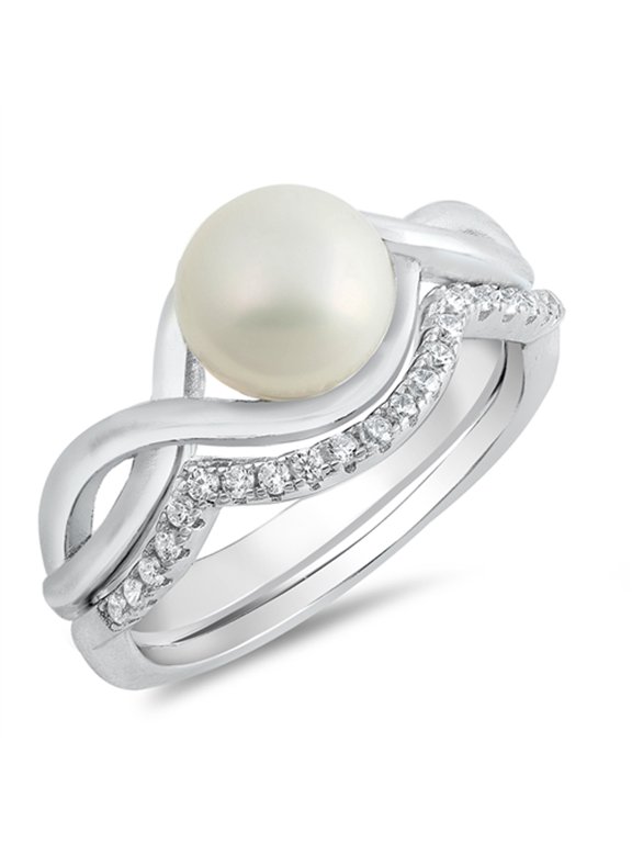 Freshwater Simulated Pearl Infinity Wave Knot Ring Set 925 Sterling Silver Band White CZ Female Size 10