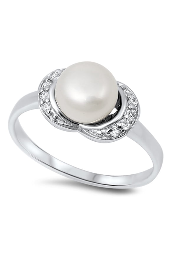 Freshwater Simulated Pearl Solitaire Ring Sterling Silver Band White CZ 925 Female Size 9