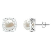ARISHA JEWELS Freshwater White Pearl Stud Earrings for Women with Moissanite Halo, AAA Quality, 925 Sterling Silver