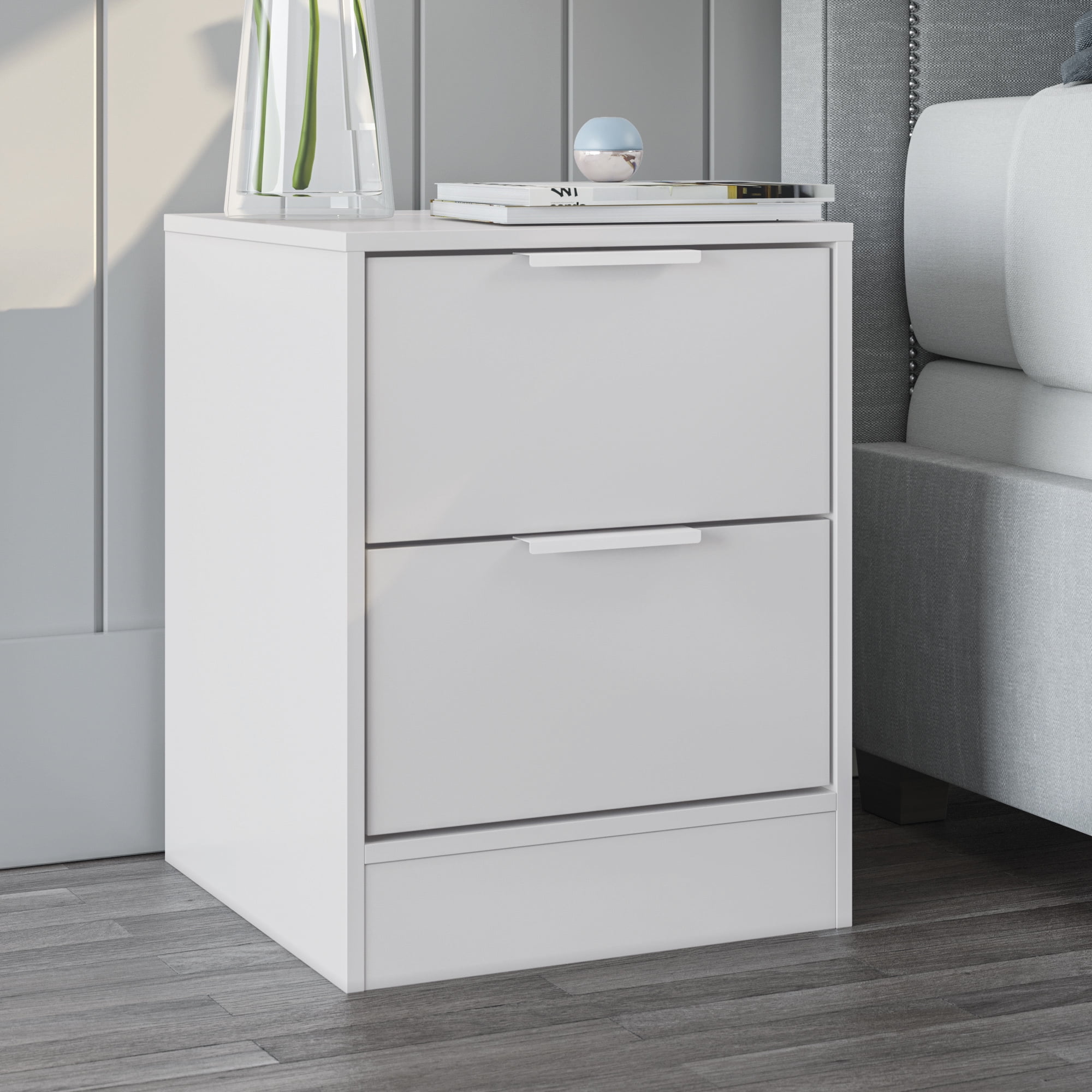 Matte White Modern 2-Drawer Nightstand with Silver Pulls