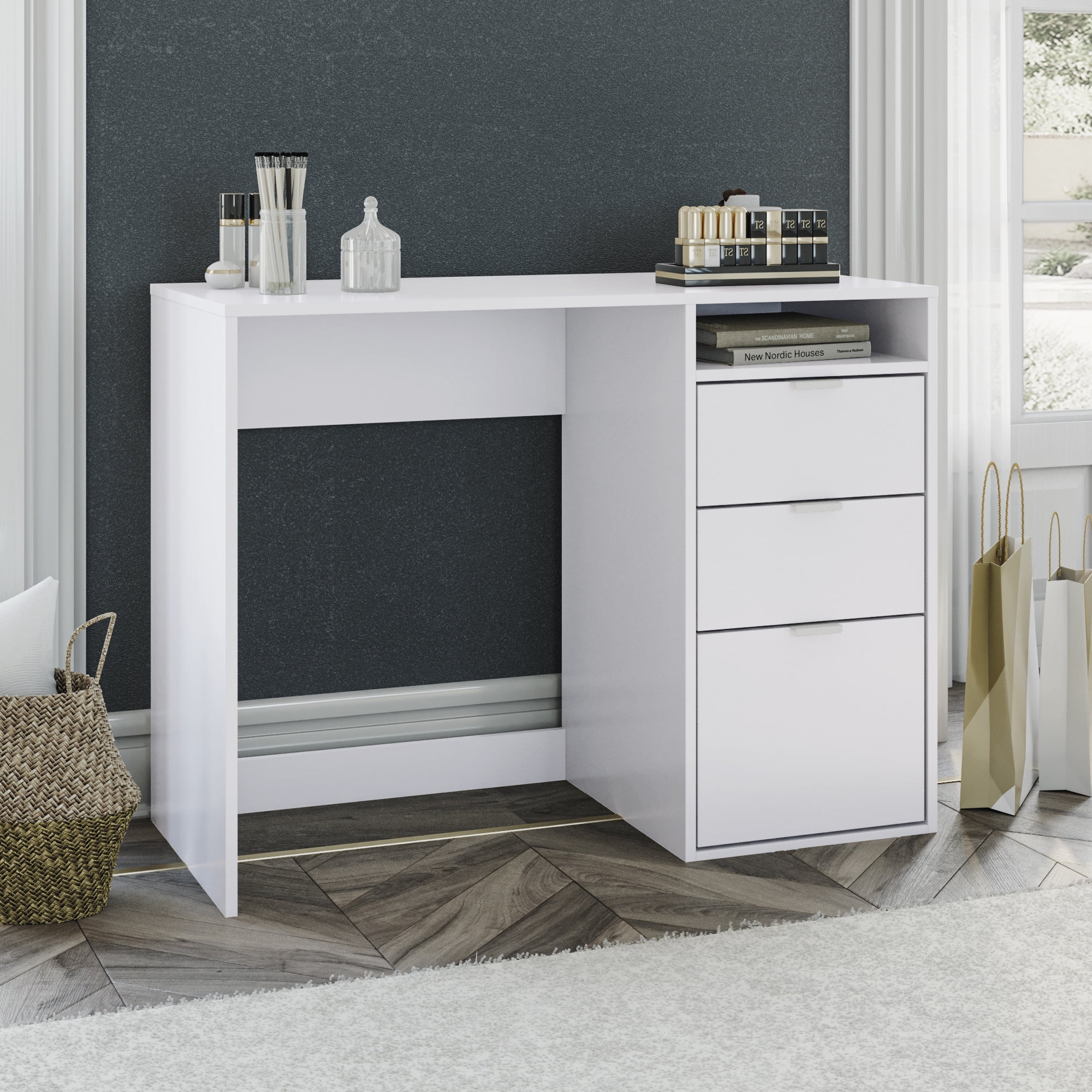 Fresno 3 Drawer Computer Desk with Storage Niche in White Finish, for