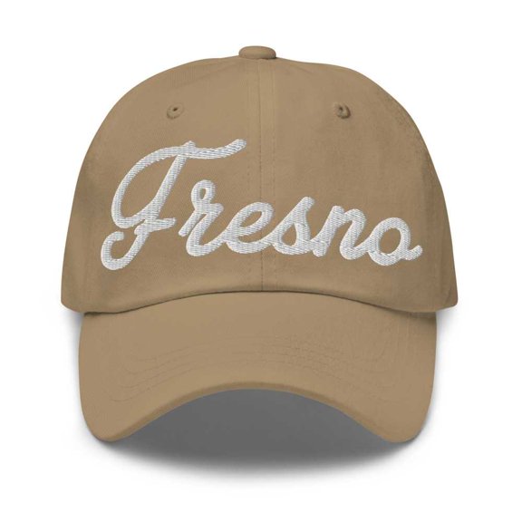 Fresno Baseball Cap Fresno Dad Hat Bold Script Ohio OH Hat Embroidered Souvenir Gift Khaki