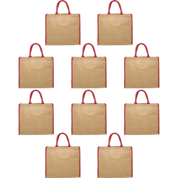 Fresno Eco Friendly Jute Tote Bags Set of 10, Bulk Pack - Reusable, Great for Tradeshows, Grocery, Shopping and Outdoor Events - Red
