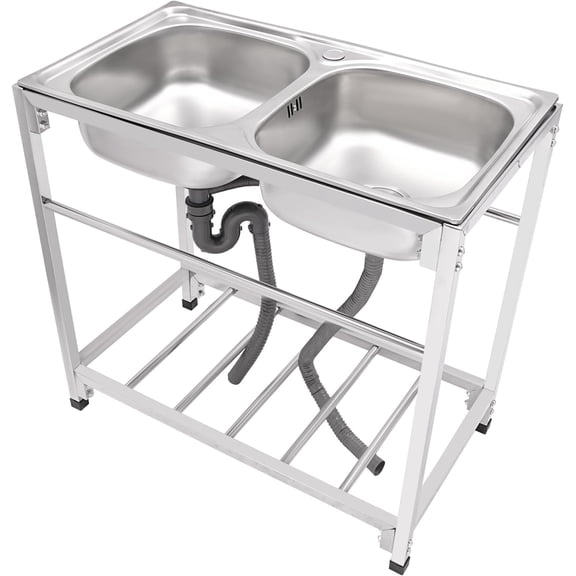 Frestanding Stainless Steel Utility Sink, Commercial Double Bowl Kitchen Sinks Outdoor Sink w/Shelf, Hoses and Drain Kit for Laundry Garage Cafe Bar Restaurant Kitchen, 32.7'' x 17.3'' x 30.3''
