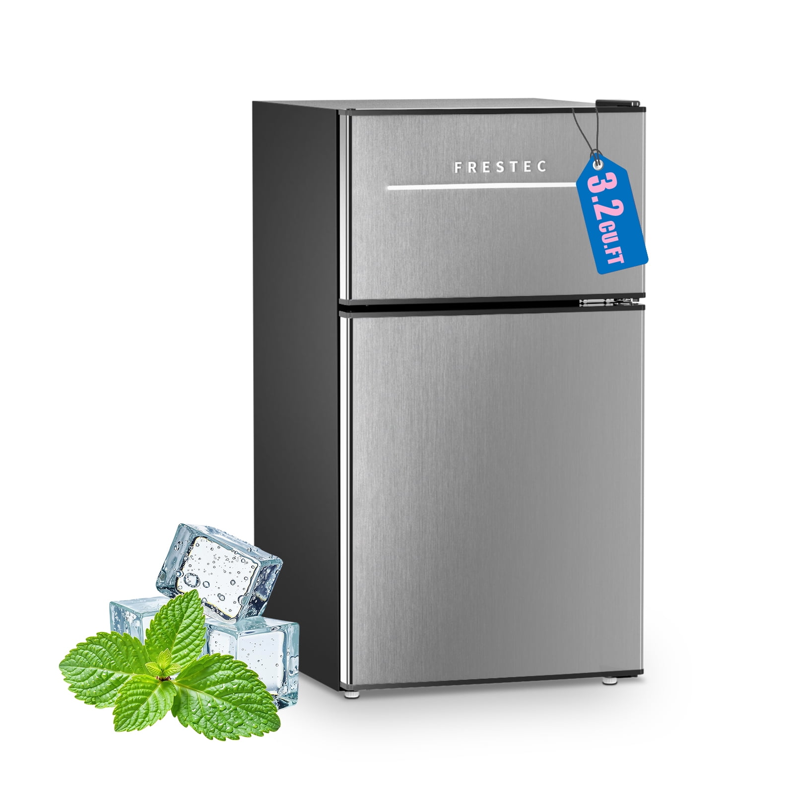 Frestec 3.2 Cu Ft Double Door Mini Fridge with Freezer, Compact Refrigerator for Bedroom, Dorm, Apartment, Stainless Steel Look
