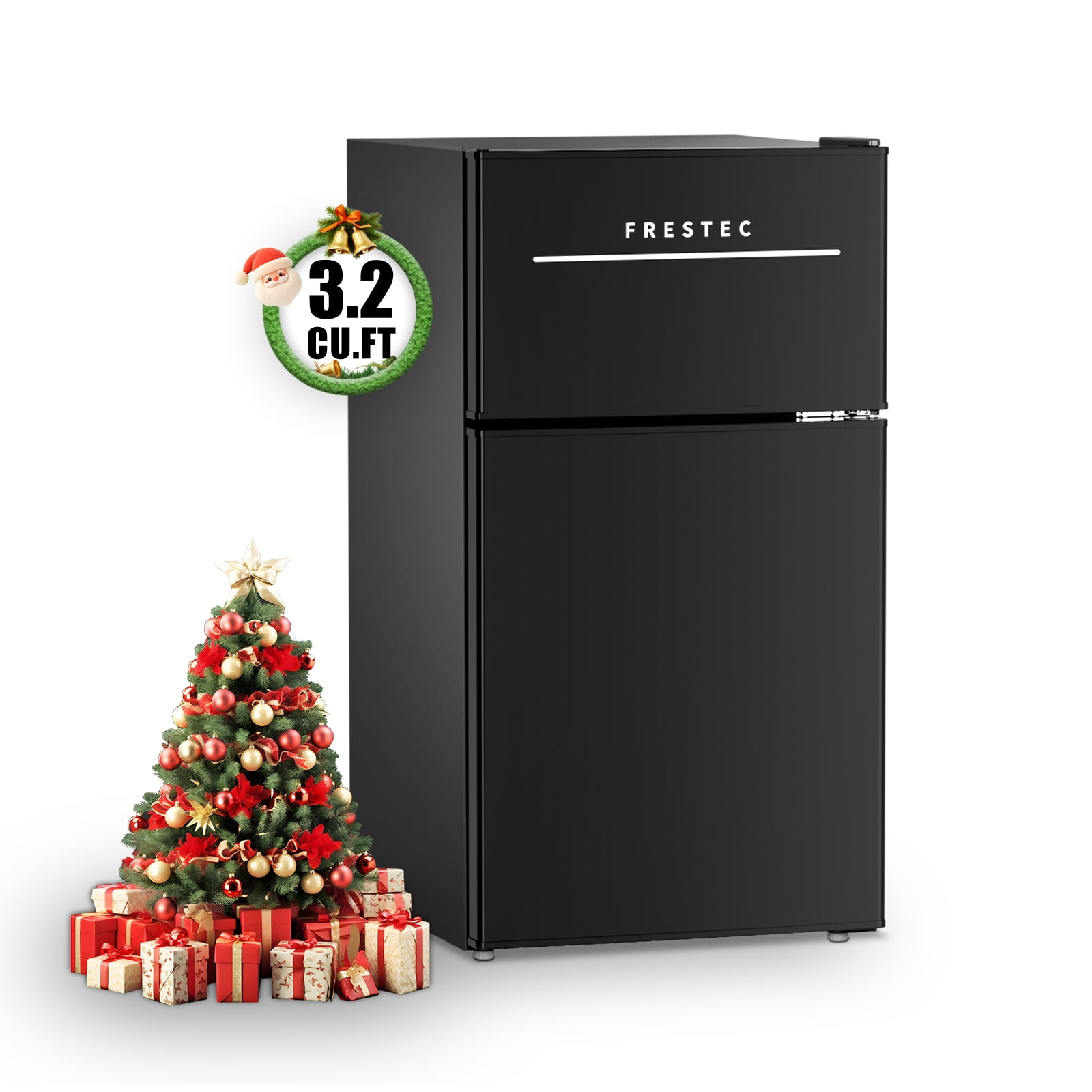 Frestec 3.2 Cu ft Two Door Mini Fridge with Freezer, Stainless Steel, E-Star, black