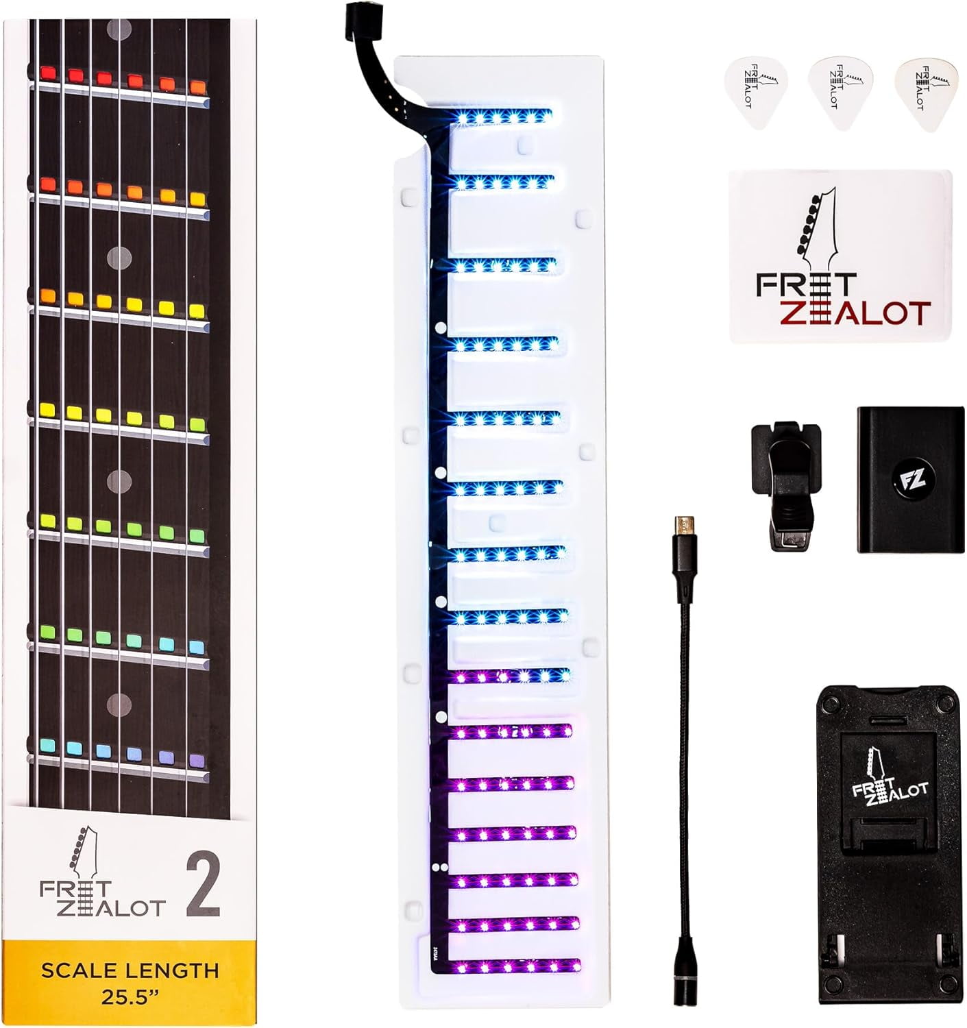 Fret Zealot 2 | LED Fretboard System for Learning Guitar | Songs, Courses, Chords, Scales | Android, iOS, Web (25.5" Scale Length)