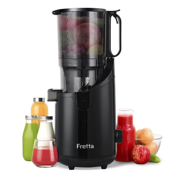 Fretta Cold Press Juicer,Slow Masticating Juicer with PCTG Material from US,5.3" Wide Feed Chute Fit Whole Fruits and Vegetables,High Juice Yield,Easy to Clean,250W (Black)
