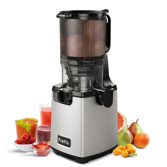 Fretta Juicer Machines with 5.3" Large Feed Chute, 250W Stainless Steel Cold Press Juicer, Slow Masticating Juicers Fit Whole Fruits & Vegetables, Silver