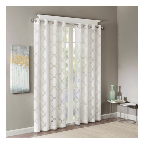 Fretwork Burnout Sheer Curtain Panel(Only 1 Pc Panel) White + Polyester