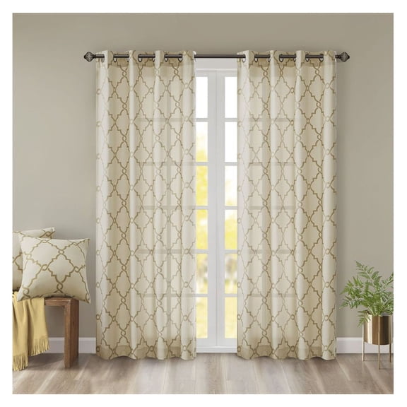 Fretwork Curtains 50x95 Inch, Grommet Top Window Panel - Geometric Print Room Darkening Drapes for Bedroom, Living Room - Single Panel, Beige