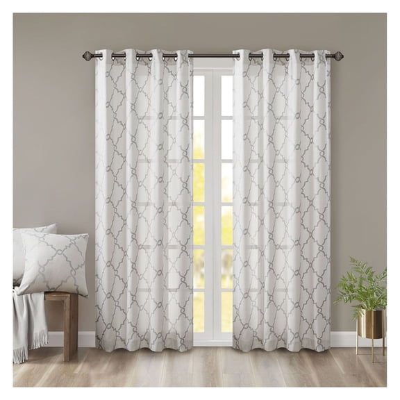 Fretwork Print Curtain Panel, 50x63 Inch, Grommet Top Window Treatment, Basketweave Fabric, Light Filtering, Single Panel