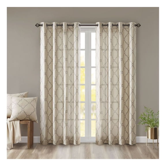 Fretwork Print Curtain Panel, 50x63 Inch Grommet Top Window Treatment, Light Filtering Basket Weave, Gunmetal Grey, Single Panel