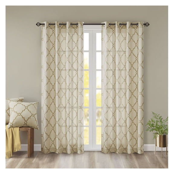 Fretwork Print Curtain Panel - 50x63 Inch - Grommet Top Window Treatment - Scroll Geometric Design - Beige Basket Weave Fabric