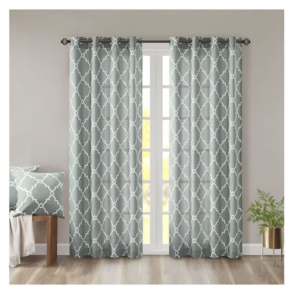 Fretwork Print Curtain Panel - 50x63 Inch Grommet Top Window Treatment - Seafoam & Beige Scroll Design - Single Panel