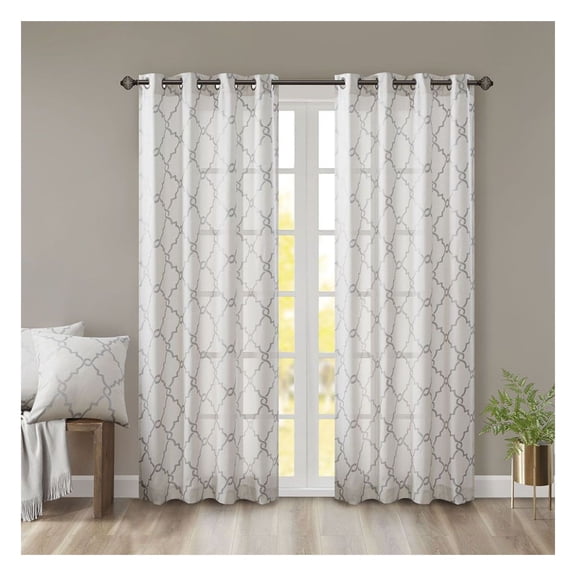 Fretwork Print Curtain Panel - 50x84 Inch - Grommet Top Window Treatment - Scroll Geometric Design - Single Panel - Basketweave Fabric - Gunmetal Finish