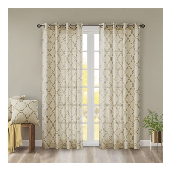 Fretwork Print Curtain Panel - 50x95 Inch Grommet Top Window Treatment - Scroll Geometric Design - Basketweave Fabric - Single Panel