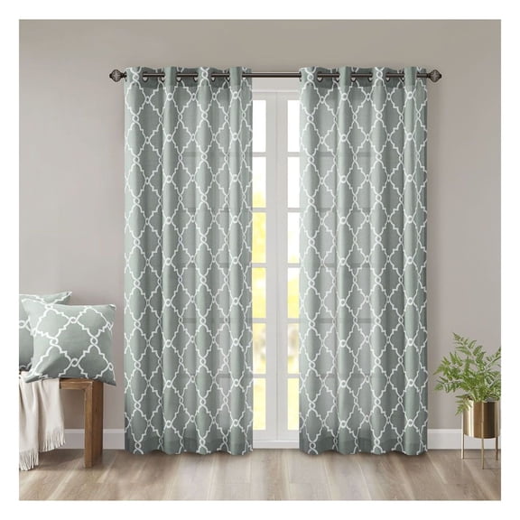 Fretwork Print Curtain Panel - 50x95 Inch - Grommet Top Window Treatment - Seafoam & Beige - Single Panel