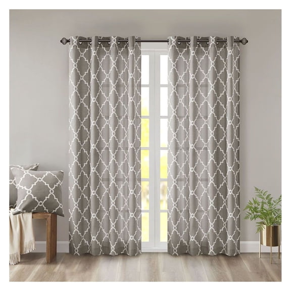 Fretwork Print Curtains 50x108 Inch - Grommet Top Window Panel - Basket Weave Light Filtering Drapes for Bedroom & Living Room - Gunmetal Grey