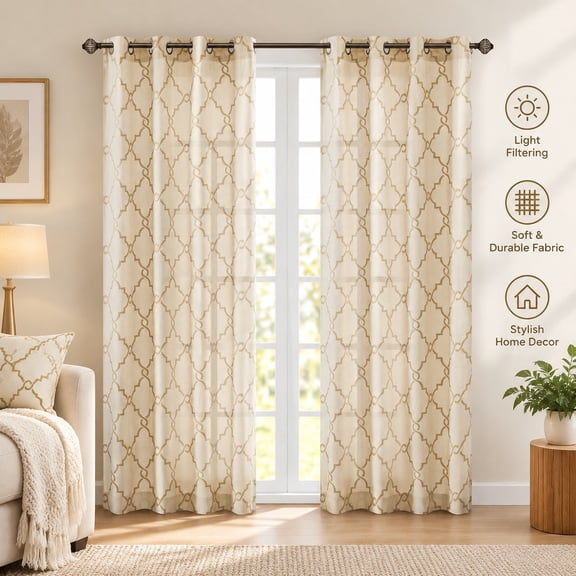 Fretwork Printed Grommet Top Window Curtain Panel - 1 Pc Panel, Decorative Drapery