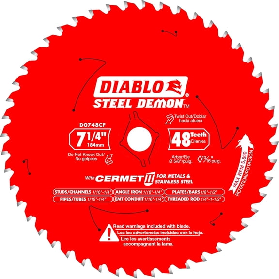 Freud Diablo D0748F Steel Demon 7-1/4" 48-Tooth TCG Ferrous Metal Cutting Circular Saw Blade, 5/8" Arbor, Titanium Carbide, Non-Stick Coating