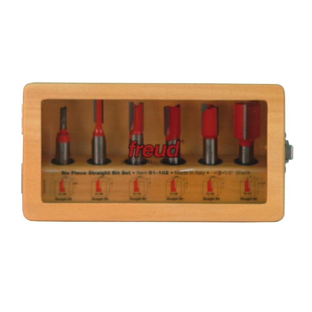 Freud 91-102 6 Piece Straight Router Bit Set with Wooden Storage Box