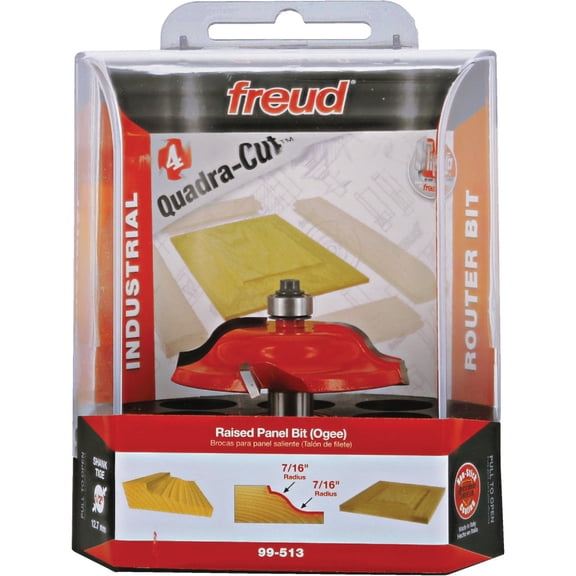Freud Quadra-Cut Raised Panel Bit for Doors, Drawer Fronts, Paneling, and Decorative Tasks - 2-3/4" Diameter, 5/8" Height, 2-1/2" Length, 7/16" Radius, 1/2" Shank - 99-513