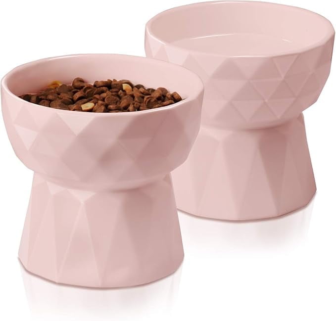 Frewinky Cat Bowls,Ceramic Cat Bowls Anti Vomiting,Raised-Cat Food and Water Bowl set for Cats and Small Dogs,13.5 Oz，Pink