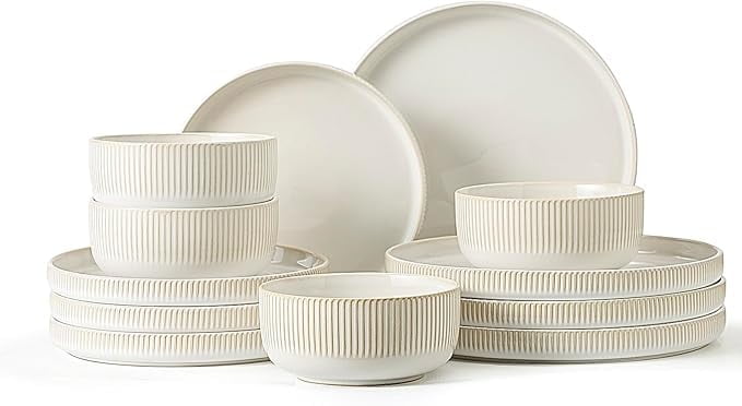 Frewinky Stoneware Dinnerware Sets for 4,12 Piece Kitchen Plates and Bowls Set,Reactive Glaze Porcelain Dinnerware Sets Scratch Resistant,Dishwasher and Microwave Safe,Vintage White - Walmart.com