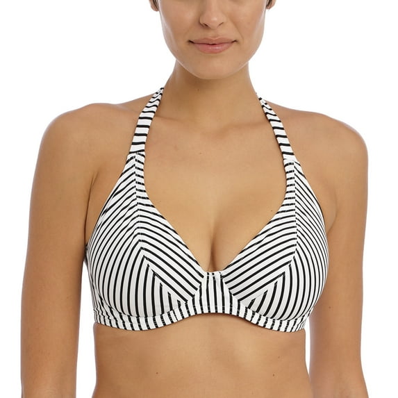 Freya Jewel Cove Banded Underwire Halter Bikini Top (7232),36F,Stripe Black