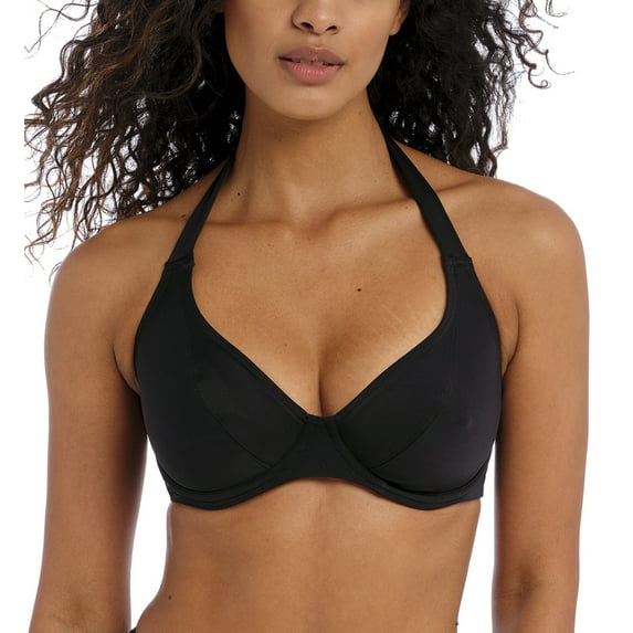 Freya Jewel Cove Banded Underwire Halter Bikini Top (7232),36GG,Plain Black