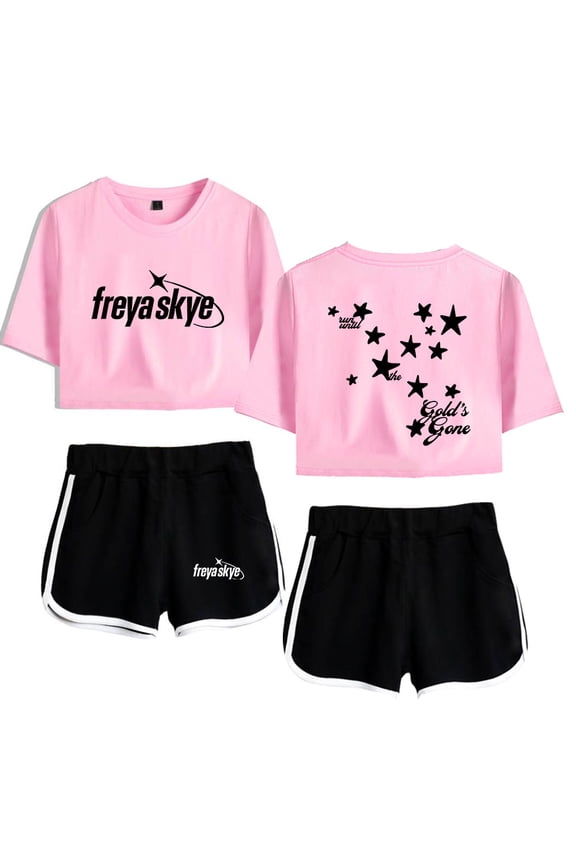 Freya Skye Gold's Gone crop tops tshirt sets for women midriff-baring fitted crop sets gym sets music tour short pants