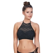 Freya Sundance Crochet Padded Underwire High-Neck Crop Top Bikini (3973),34D,Black