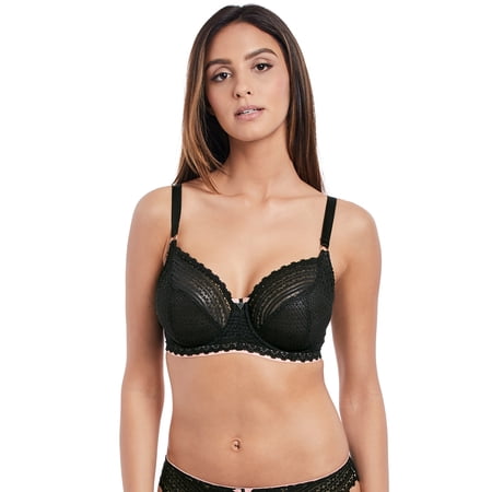 Freya Womens Daisy Lace Underwire Balcony Bra, 36FF, Noir