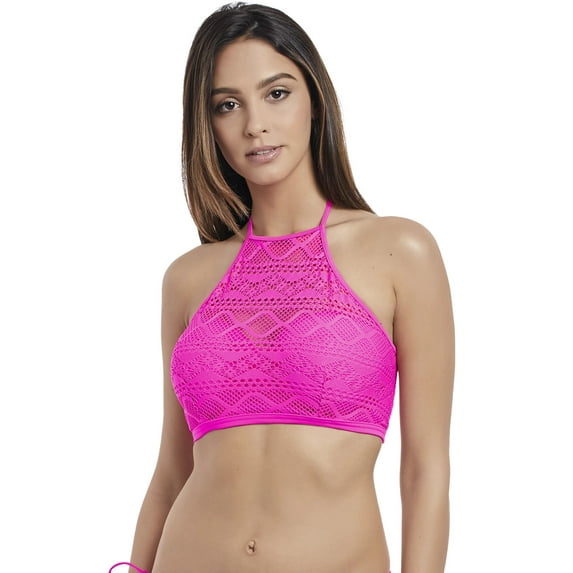 Freya Womens Sundance Underwire Padded Hi-Neck Swim Crop Top, 32D, Hot Pink