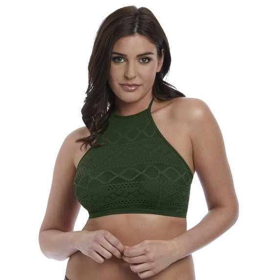 Freya Womens Sundance Underwire Padded Hi-Neck Swim Crop Top, 32E, Fern
