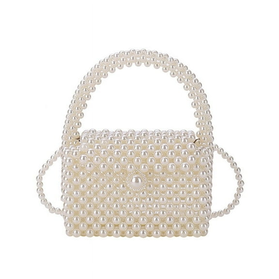 Frgharo Beaded Handbag for Women White Pearl Decoration Evening Bags with Detachable Chain Inner Bag &M Size