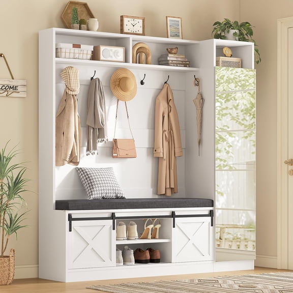 Frhnenha 60" Farmhouse Hall Tree with Bench and Shoe Storage, 4-in-1 Entryway Coat Rack with Full-Length Mirror and 2 Sliding Barn Doors for Hallway, Living Room, White