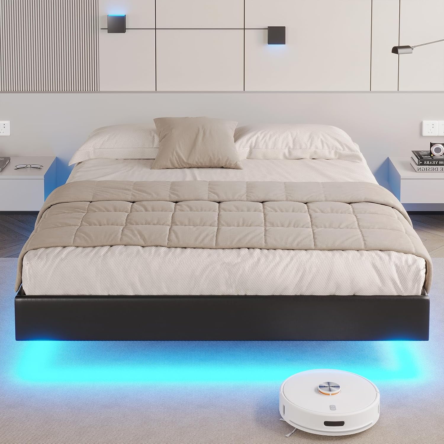 Frhnenha California King Floating Bed Frame with LED Lights ...