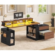 Frhnenha Electric Standing Desk, 70" Height Adjustable Computer Desk with 2 Drawers, Storage Shelves, LED Lights, Power Outlets, Home Office Stand up Desk, Walnut