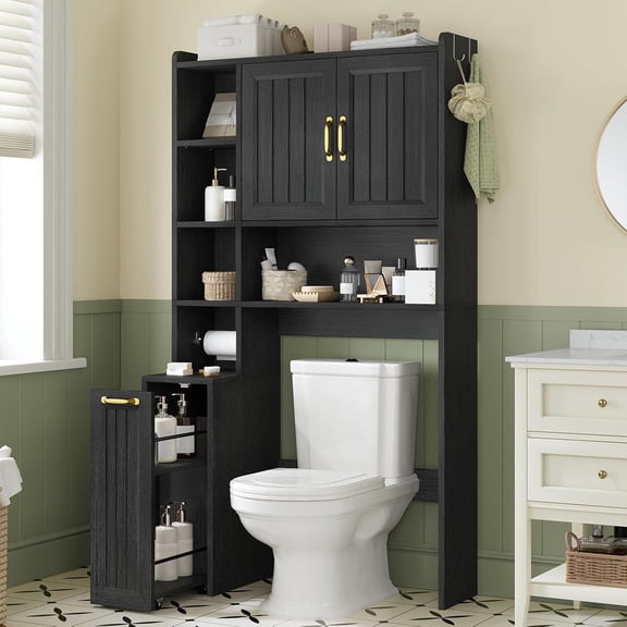Frhnenha Over The Toilet Storage Cabinet with Pulley, Bathroom Storage Cabinet with Adjustable Shelf and Open Shelf for Bathroom, Restroom, Laundry, Black
