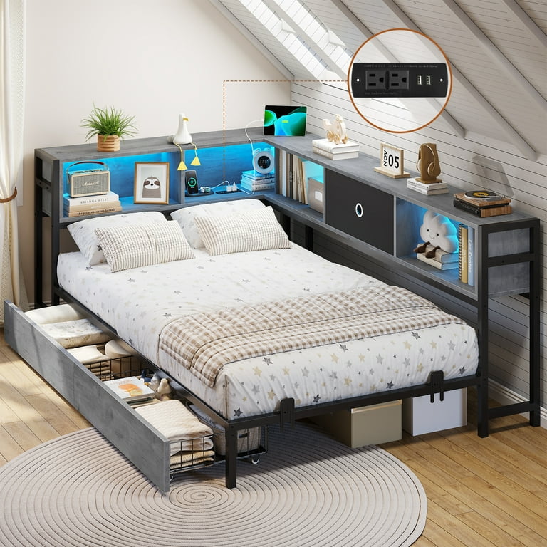 Frhnenha Twin Size Corner Bed Frame with Bookcase Storage