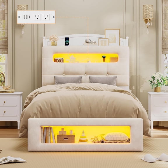 Frhnenha Twin Size Upholstered Platform Bed Frame with LED Lighting, Storage Headboard and Footboard, No Box Spring Needed, White
