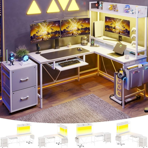 FrhnenhaL Shaped Desk Reversible Corner Computer Desk with 2 Drawer and Keyboard Tray, White