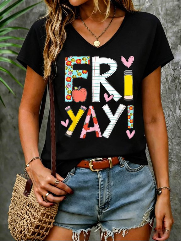 Fri-Yay Happy Friday Funny Weekend Teacher Back to School V Neck T-Shirt Cotton Women's V Neck Graphic Tee, Casual Short Sleeve Shirt,Vacation Outfit