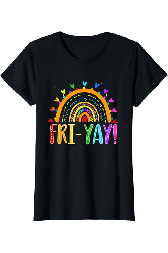 Fri-Yay Teacher Weekend Friday Boho Rainbow T-Shirt